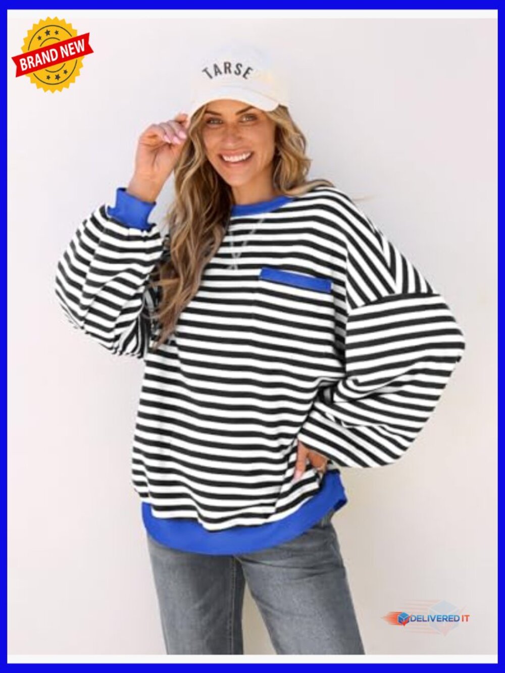 Oversized Crewneck Sweatshirt Dropped Shoulders Striped Pullover Long Sleeve Top - Picture 2 of 7
